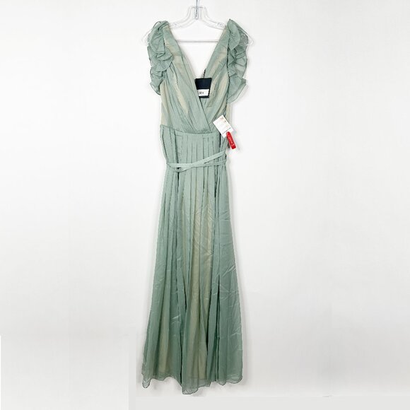 NWT Mac Duggal Green Flowy V Neck Ruffled Cap Sleeve Gown Sage 0 - Picture 3 of 8